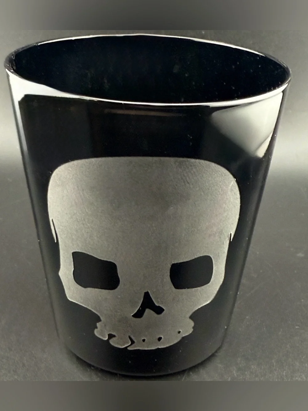 Pottery Barn double old-fashioned w/sleek black finish, etched skull design 14oz